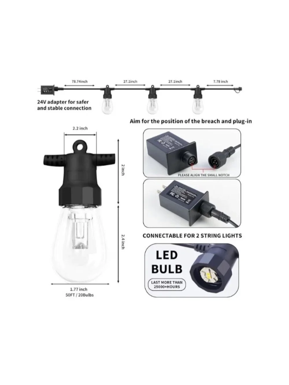 Outdoor String Lights 50FT- 20 RGBW LED Bulbs Dimmable & Waterproof App & Remote